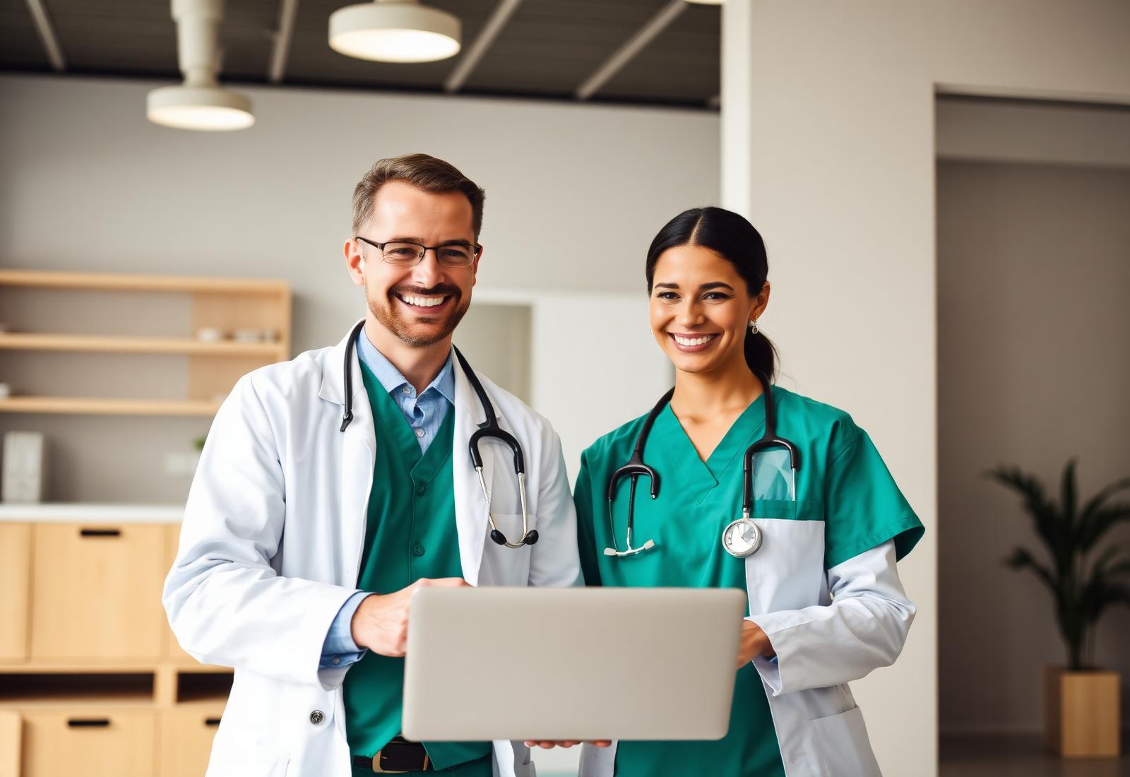 Healthcare team using laptop in clinic